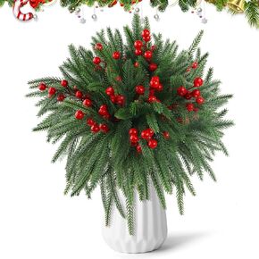 60 Pcs Christmas Norfolk Pine Branches Stems, 15" Artificial Real Touch Greenery Pine Needles Stems with Red Berry Picks for Christmas Party Garland Wreath Vase Decoration DIY Craft