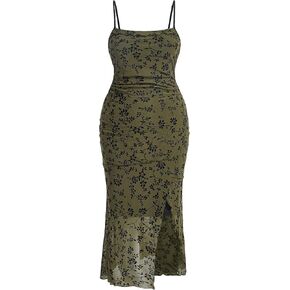 Floerns Women's Plus Size Floral Print Spaghetti Strap Slit Hem Long Cami Dress