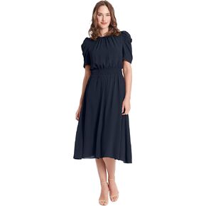 London Times Women's Caterpillar Puff Sleeve Midi Dress - Gathered Waist A-Line Flowy Summer Dress