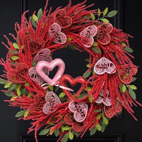 TEMPUS Valentine's Day Wreath 20" Red and Pink Glitter Heart-Shaped Ornaments with Green Leaves Natural Vine Wreath for Wedding Window, Home Wall, Interior Front Door Decoration
