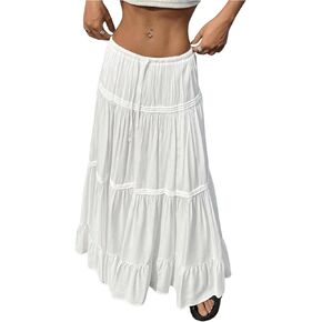 SOLY HUX Women's Maxi Skirt Drawstring Elastic Waist Ruffle Hem Long Flowy Skirts