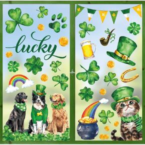 6 Sheets St. Patrick's Day Window Cling Sticker Shamrock Dog Cat Reusable Window Decals for Irish Holiday Party Home Classroom Window Decor