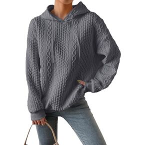 Women Cable Textured Drawstring Thermal Hoodies Casual Drop Shoulder Long Sleeve Solid Pullover Oversized Hooded