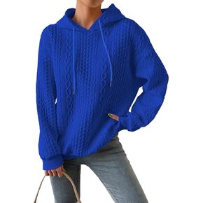 Women Cable Textured Drawstring Thermal Hoodies Casual Drop Shoulder Long Sleeve Solid Pullover Oversized Hooded in Kuwait