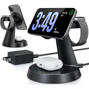 3 in 1 Charging Station for Apple Devices, Wireless Charger Compatible with Magsafe, Fast Magnetic Charger Stand for iPhone 16 15 14 13 12 Series,& AirPods,& iWatch