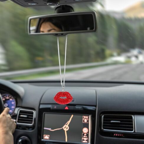 Bling Lip Diamond Car Accessories for Women, Crystal Red Lip Car Rear View Mirror Charm Gift Rhinestone Car Interior Pendant Good Luck Amulet Hanging Gift Glitter Car Ornament Decor(Red) in Saudi Arabia