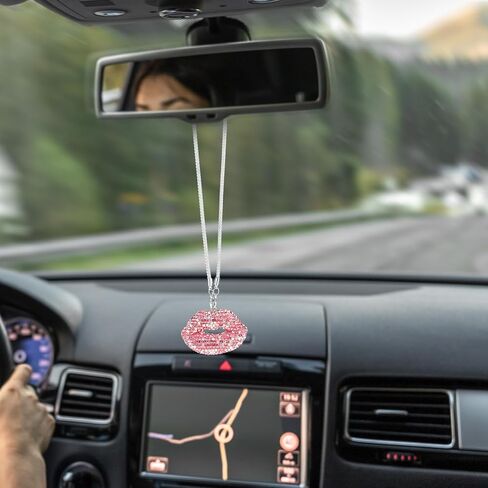 Bling Lip Diamond Car Accessories for Women, Crystal Red Lip Car Rear View Mirror Charm Gift Rhinestone Car Interior Pendant Good Luck Amulet Hanging Gift Glitter Car Ornament Decor(Red) in Saudi Arabia