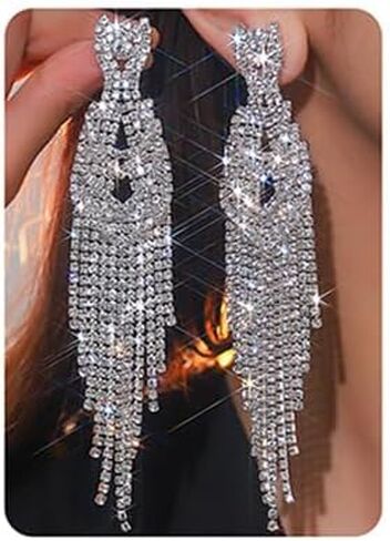 Jumwrit Rhinestone Long Dangle Drop Earrings Sparkle Layered Crystal Stud Earrings Boho Fringe Tassel Chain Chandelier Earrings for Girls Fashion Wedding Bridal Jewelry Birthday Gift for Women in Kuwait