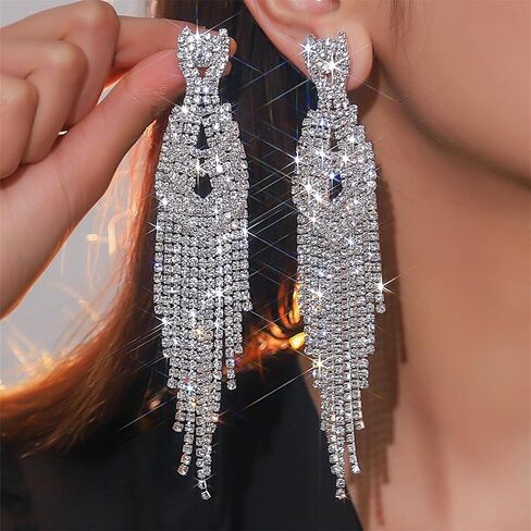 Jumwrit Rhinestone Long Dangle Drop Earrings Sparkle Layered Crystal Stud Earrings Boho Fringe Tassel Chain Chandelier Earrings for Girls Fashion Wedding Bridal Jewelry Birthday Gift for Women in Kuwait