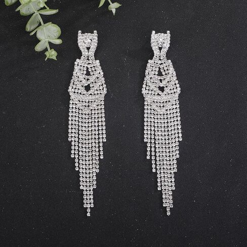 Jumwrit Rhinestone Long Dangle Drop Earrings Sparkle Layered Crystal Stud Earrings Boho Fringe Tassel Chain Chandelier Earrings for Girls Fashion Wedding Bridal Jewelry Birthday Gift for Women in Kuwait