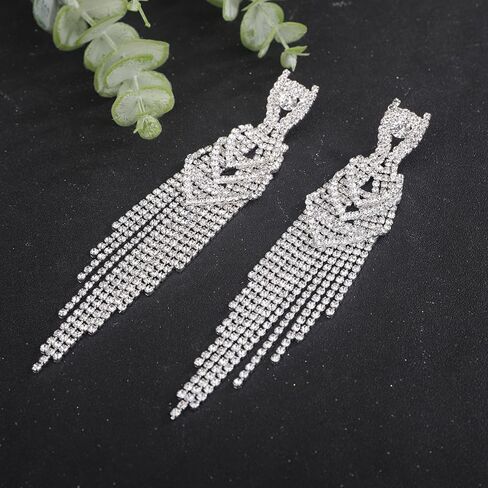 Jumwrit Rhinestone Long Dangle Drop Earrings Sparkle Layered Crystal Stud Earrings Boho Fringe Tassel Chain Chandelier Earrings for Girls Fashion Wedding Bridal Jewelry Birthday Gift for Women in Kuwait