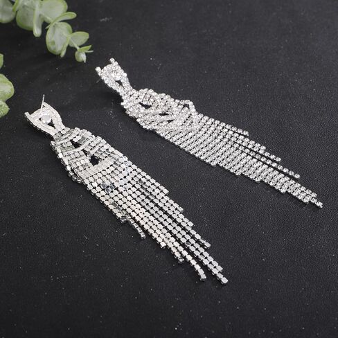 Jumwrit Rhinestone Long Dangle Drop Earrings Sparkle Layered Crystal Stud Earrings Boho Fringe Tassel Chain Chandelier Earrings for Girls Fashion Wedding Bridal Jewelry Birthday Gift for Women in Kuwait
