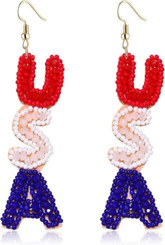 American Flag Earrings for Women Handmade Beaded 4th of July Earrings Patriotic Red White Blue USA Flag Lips Drop Dangle Earrings Independence Day Memorial Day Jewelry Gifts in Kuwait