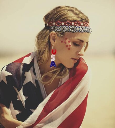 American Flag Earrings for Women Handmade Beaded 4th of July Earrings Patriotic Red White Blue USA Flag Lips Drop Dangle Earrings Independence Day Memorial Day Jewelry Gifts in Kuwait