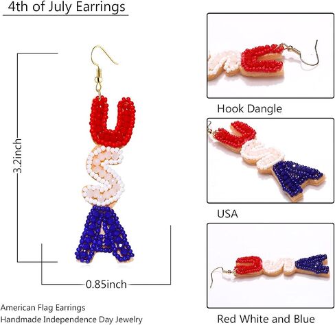 American Flag Earrings for Women Handmade Beaded 4th of July Earrings Patriotic Red White Blue USA Flag Lips Drop Dangle Earrings Independence Day Memorial Day Jewelry Gifts in Kuwait