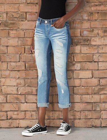 dollhouse Women's Size Plus Denim Cuffed Jeans with Heavy Destruction in Kuwait