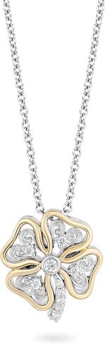 Jewelili Hallmark Fine Jewelry من الفضة الإسترليني والذهب الأصفر عيار 14 قيراط 1/10 قيراط أبيض طبيعي مستدير من الألماس الرومانسي قلادة البرسيم الرومانسية، سلسلة كابل 18 بوصة in Kuwait