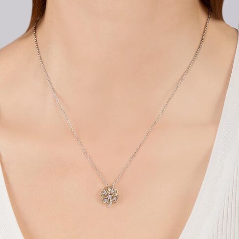 Jewelili Hallmark Fine Jewelry من الفضة الإسترليني والذهب الأصفر عيار 14 قيراط 1/10 قيراط أبيض طبيعي مستدير من الألماس الرومانسي قلادة البرسيم الرومانسية، سلسلة كابل 18 بوصة in Kuwait