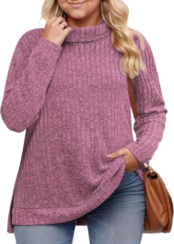 VISLILY Womens-Plus-Size-Tops Trendy Turtleneck Lightweight Sweaters Casual Long Sleeve Shirts Dressy Side Split Tunics 1X-5X in Kuwait