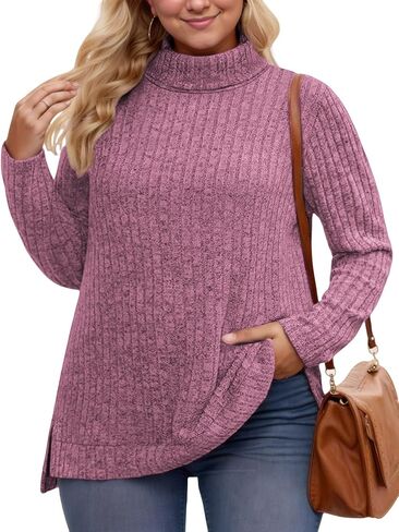 VISLILY Womens-Plus-Size-Tops Trendy Turtleneck Lightweight Sweaters Casual Long Sleeve Shirts Dressy Side Split Tunics 1X-5X in Kuwait