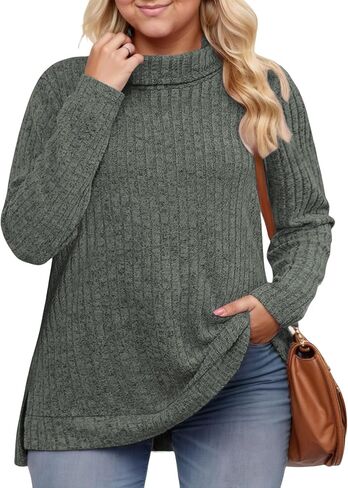 VISLILY Womens-Plus-Size-Tops Trendy Turtleneck Lightweight Sweaters Casual Long Sleeve Shirts Dressy Side Split Tunics 1X-5X in Kuwait