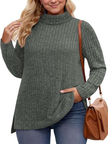 VISLILY Womens-Plus-Size-Tops Trendy Turtleneck Lightweight Sweaters Casual Long Sleeve Shirts Dressy Side Split Tunics 1X-5X in Kuwait