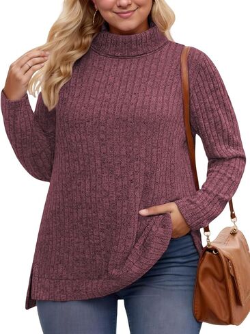 VISLILY Womens-Plus-Size-Tops Trendy Turtleneck Lightweight Sweaters Casual Long Sleeve Shirts Dressy Side Split Tunics 1X-5X in Kuwait
