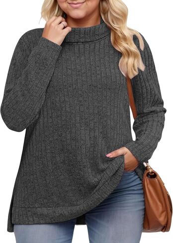 VISLILY Womens-Plus-Size-Tops Trendy Turtleneck Lightweight Sweaters Casual Long Sleeve Shirts Dressy Side Split Tunics 1X-5X in Kuwait