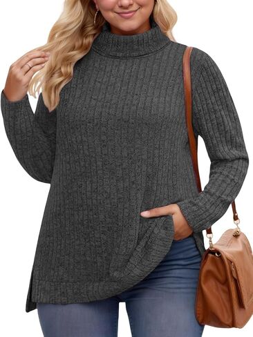 VISLILY Womens-Plus-Size-Tops Trendy Turtleneck Lightweight Sweaters Casual Long Sleeve Shirts Dressy Side Split Tunics 1X-5X in Kuwait