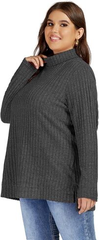 VISLILY Womens-Plus-Size-Tops Trendy Turtleneck Lightweight Sweaters Casual Long Sleeve Shirts Dressy Side Split Tunics 1X-5X in Kuwait