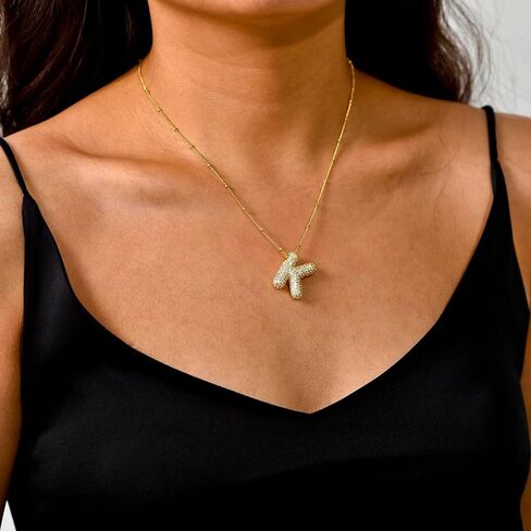 Bubble Letter Necklace for Women Dainty Balloon Initial Necklaces Cubic Zirconia Alphabet Name Pendant Necklace Personalized Jewelry Gifts in Kuwait