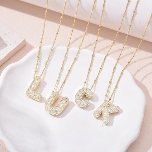 Bubble Letter Necklace for Women Dainty Balloon Initial Necklaces Cubic Zirconia Alphabet Name Pendant Necklace Personalized Jewelry Gifts in Kuwait