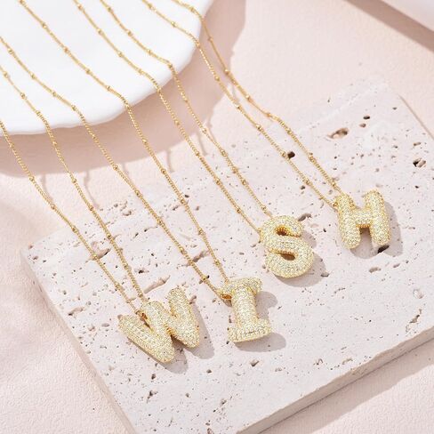 Bubble Letter Necklace for Women Dainty Balloon Initial Necklaces Cubic Zirconia Alphabet Name Pendant Necklace Personalized Jewelry Gifts in Kuwait