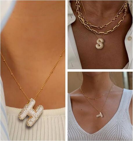 Bubble Letter Necklace for Women Dainty Balloon Initial Necklaces Cubic Zirconia Alphabet Name Pendant Necklace Personalized Jewelry Gifts in Kuwait
