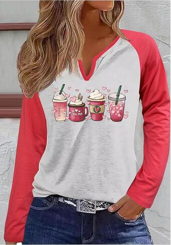 Long Sleeve Notch Neck Valentines T Shirts for Women V Neck Spring Coffee Heart Raglan Valentines Day Baseball Tees Tops in Kuwait