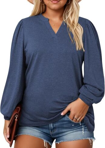 Plus-Size-Tops for Women Dressy Puff Lantern Long Sleeve Shirts Cute Notch V Neck Casual Tunic Blouses XL-5XL in Kuwait