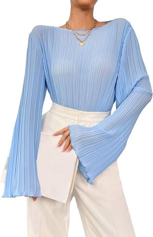 Floerns Women's Lettuce Trim Trumpet Long Sleeve Plisse Boat Neck Blouse Top in Saudi Arabia