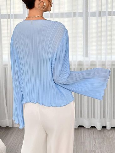 Floerns Women's Lettuce Trim Trumpet Long Sleeve Plisse Boat Neck Blouse Top in Saudi Arabia