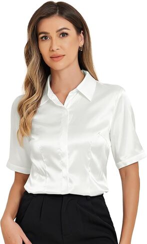 Allegra K Satin Blouse for Women's Silky Work Business Workwear Short Sleeve Button Down Shirt in Saudi Arabia