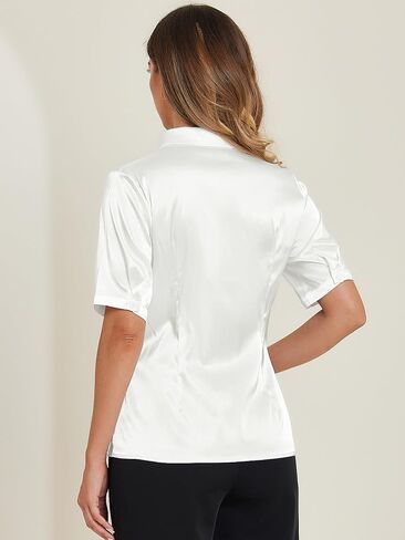 Allegra K Satin Blouse for Women's Silky Work Business Workwear Short Sleeve Button Down Shirt in Saudi Arabia