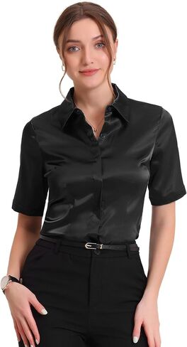 Allegra K Satin Blouse for Women's Silky Work Business Workwear Short Sleeve Button Down Shirt in Saudi Arabia