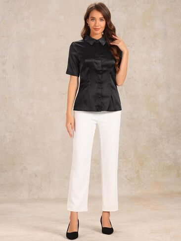 Allegra K Satin Blouse for Women's Silky Work Business Workwear Short Sleeve Button Down Shirt in Saudi Arabia