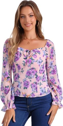 Allegra K Square Neck Tops for Women's Smocked Back Puff Sleeve Elegant Floral Blouse in Saudi Arabia