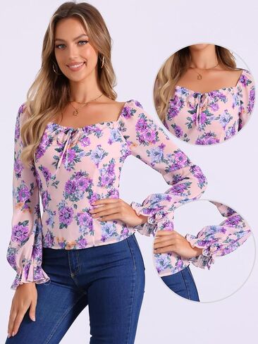 Allegra K Square Neck Tops for Women's Smocked Back Puff Sleeve Elegant Floral Blouse in Saudi Arabia
