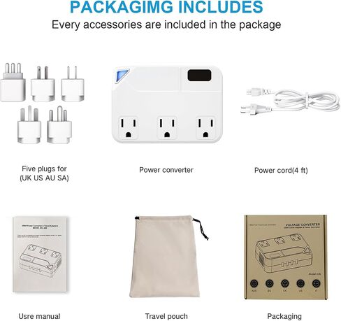 Universal Travel Converter，250W Voltage Converter with 2 USB and 2 USB-C Charging Ports and 3 AC Plugs for curlers in Saudi Arabia