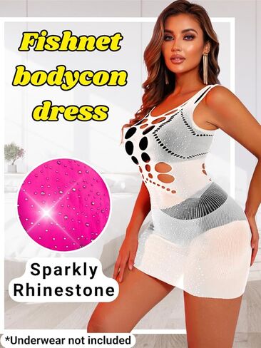 Rhinestone Mini Dress for Women, Sexy Mesh Sheer Lingerie Fits 0-18, Exotic Stripper Dancewear Plus Size Fishnet in Kuwait