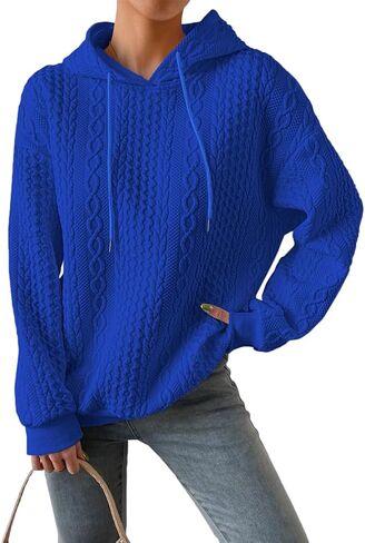 Women Cable Textured Drawstring Thermal Hoodies Casual Drop Shoulder Long Sleeve Solid Pullover Oversized Hooded in Kuwait