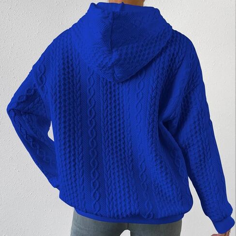 Women Cable Textured Drawstring Thermal Hoodies Casual Drop Shoulder Long Sleeve Solid Pullover Oversized Hooded in Kuwait