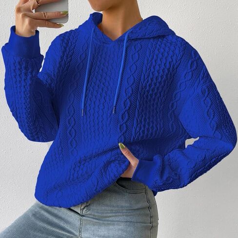 Women Cable Textured Drawstring Thermal Hoodies Casual Drop Shoulder Long Sleeve Solid Pullover Oversized Hooded in Kuwait