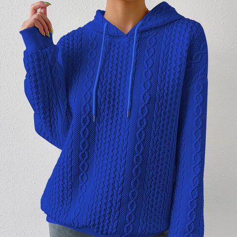 Women Cable Textured Drawstring Thermal Hoodies Casual Drop Shoulder Long Sleeve Solid Pullover Oversized Hooded in Kuwait
